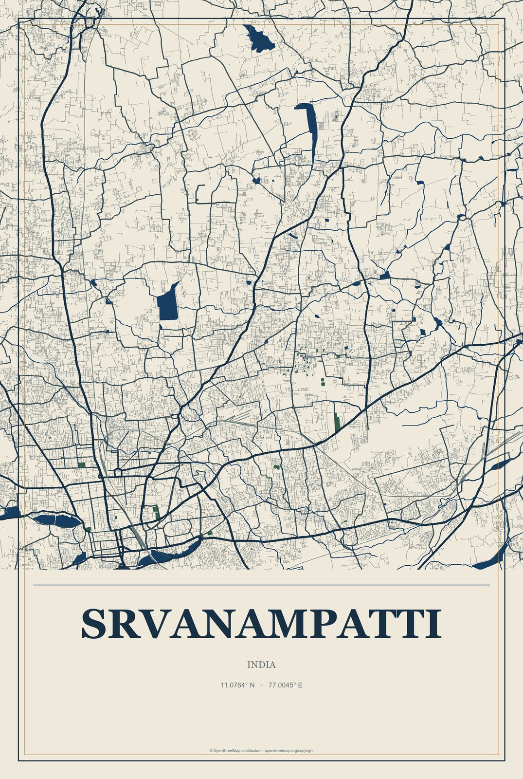 Srvanampatti, India City Map Aluminum Sign in Coastal Cutout style