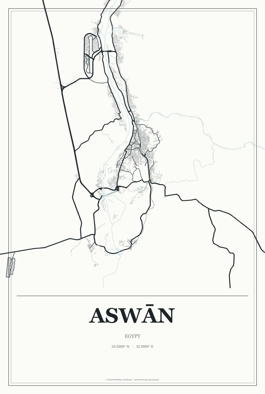 Aswān, Egypt City Map Aluminum Sign in Gallery Air style