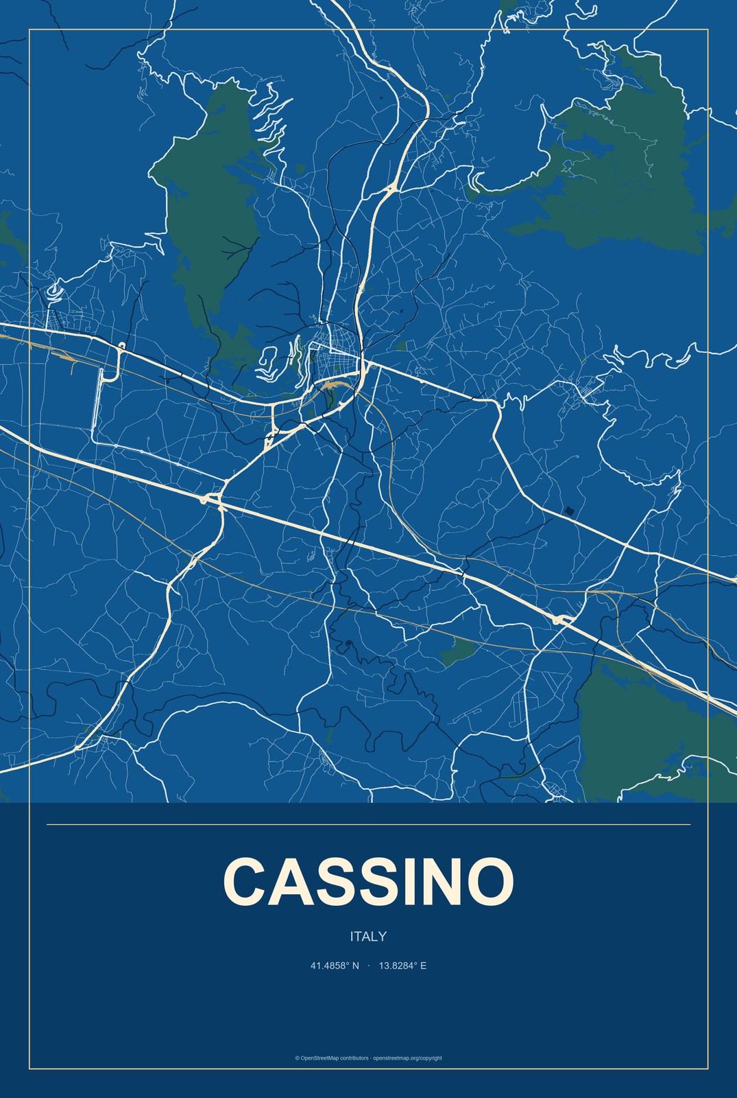 Cassino, Italy City Map Aluminum Sign in Harbor Cobalt style