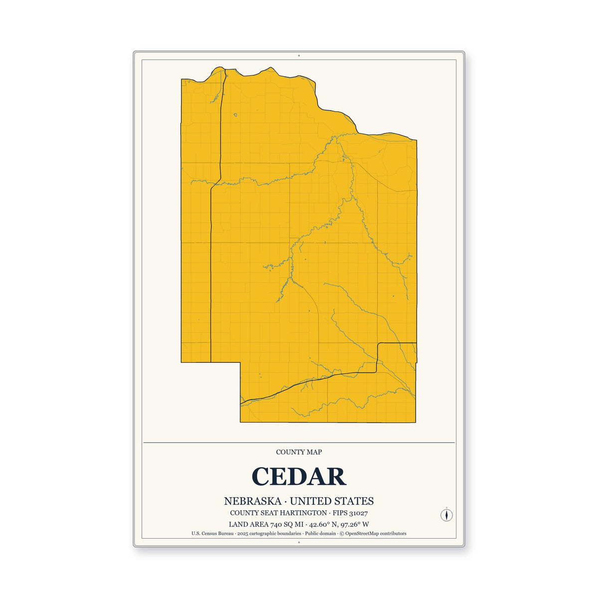 Cedar County, Nebraska Map Aluminum Sign in Citrine Modern style