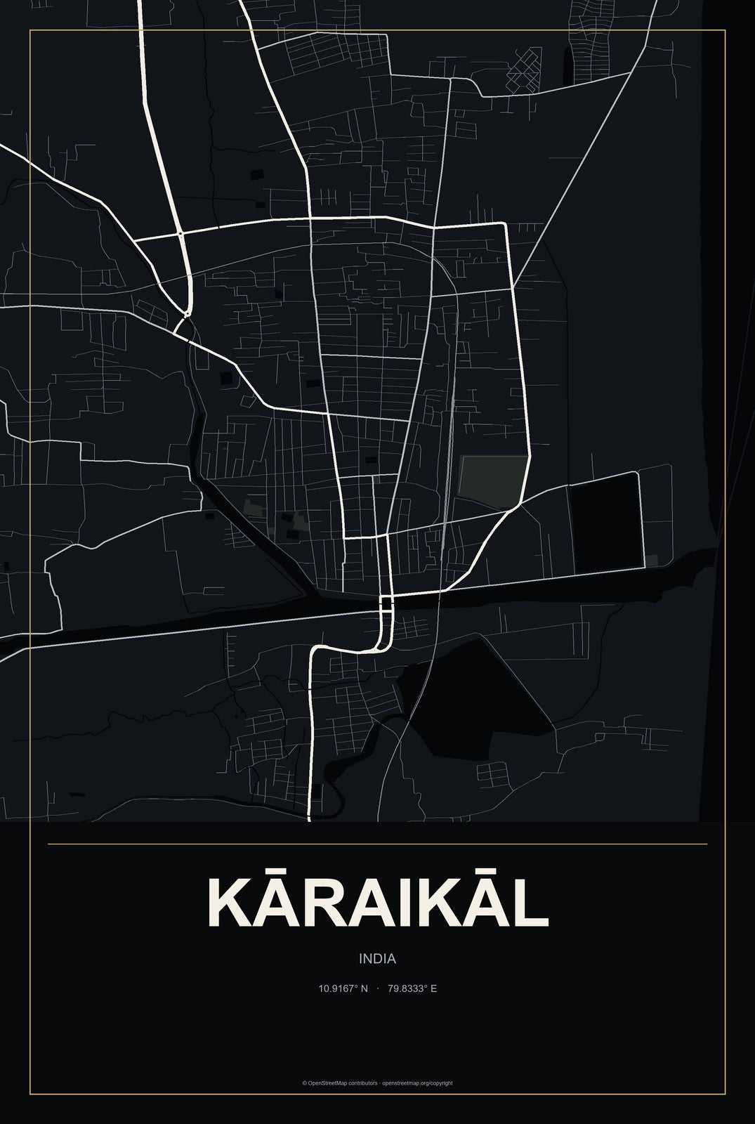 Kāraikāl, India City Map Aluminum Sign in Metropolitan Noir style