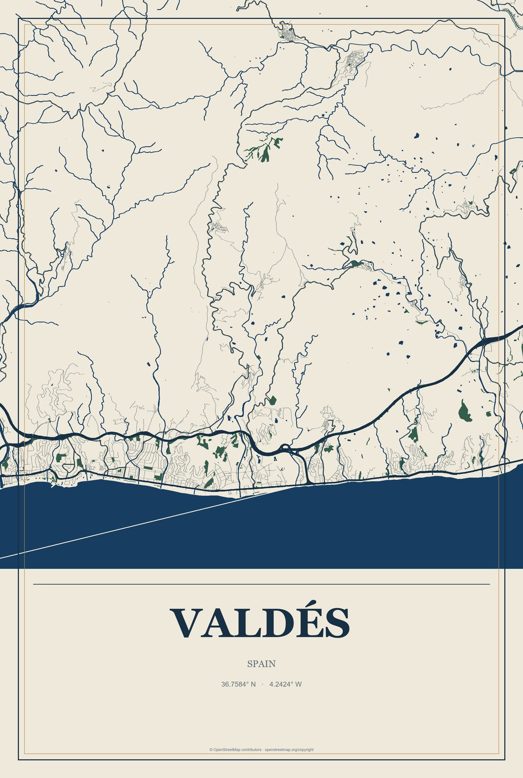 Valdés, Spain City Map Aluminum Sign in Coastal Cutout style