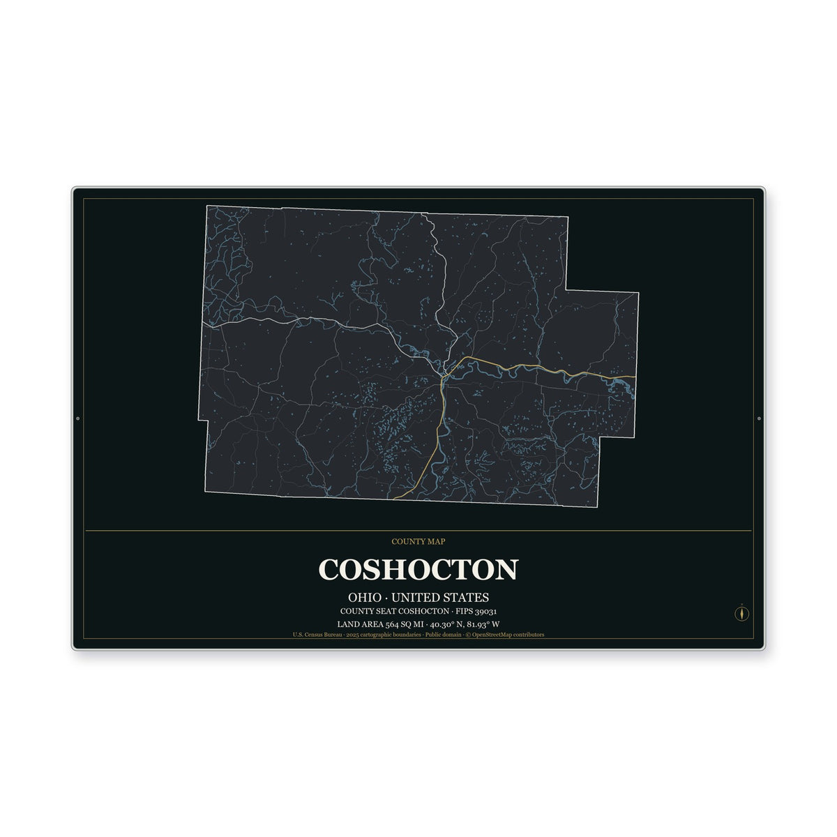 Coshocton County, Ohio Map Aluminum Sign in Metropolitan Noir style