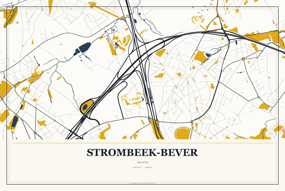 Strombeek-Bever, Belgium City Map Aluminum Sign in Citrine Modern style
