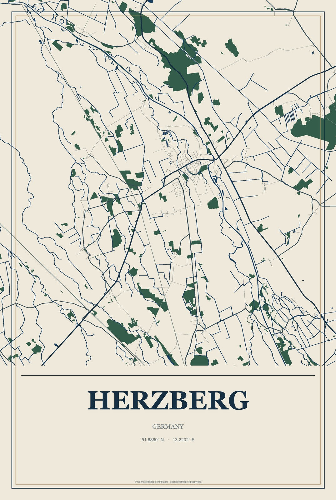 Herzberg, Germany City Map Aluminum Sign in Coastal Cutout style