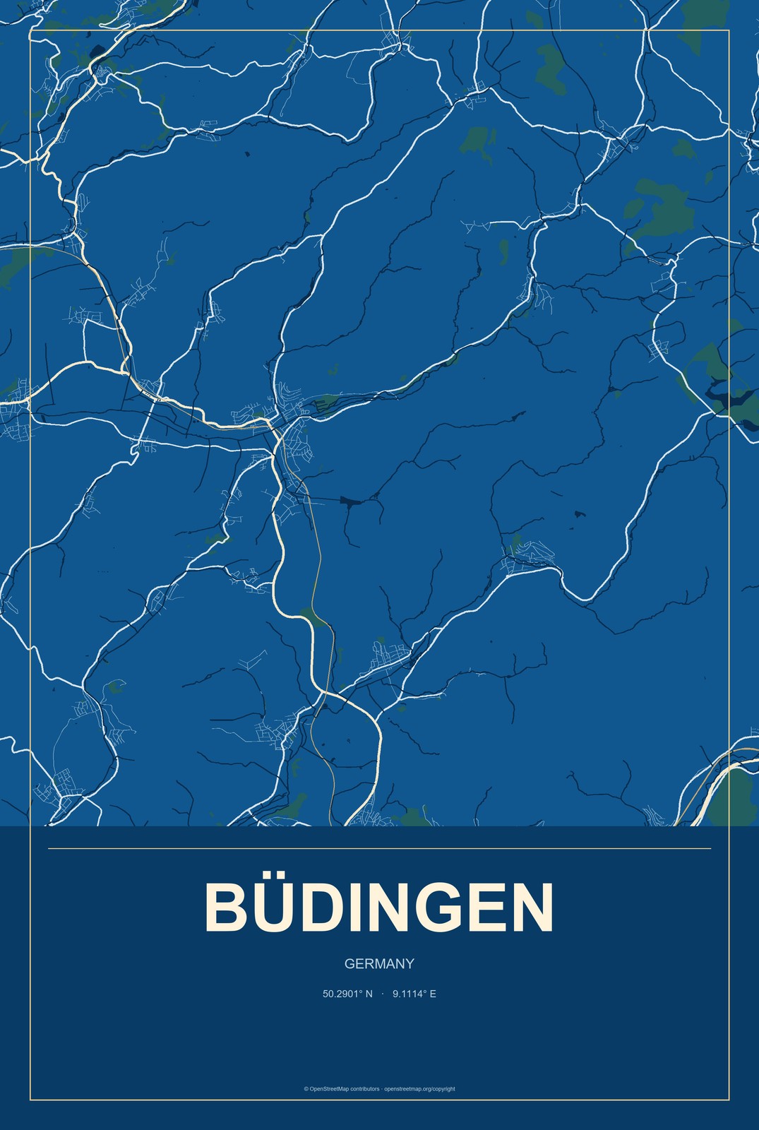 Büdingen, Germany City Map Aluminum Sign in Harbor Cobalt style