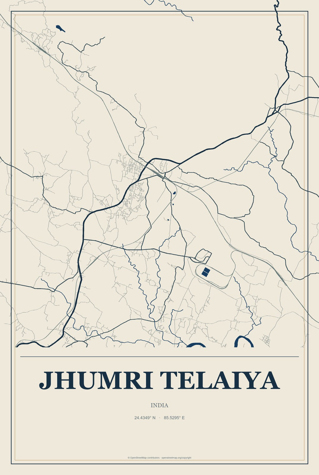 Jhumri Telaiya, India City Map Aluminum Sign in Coastal Cutout style