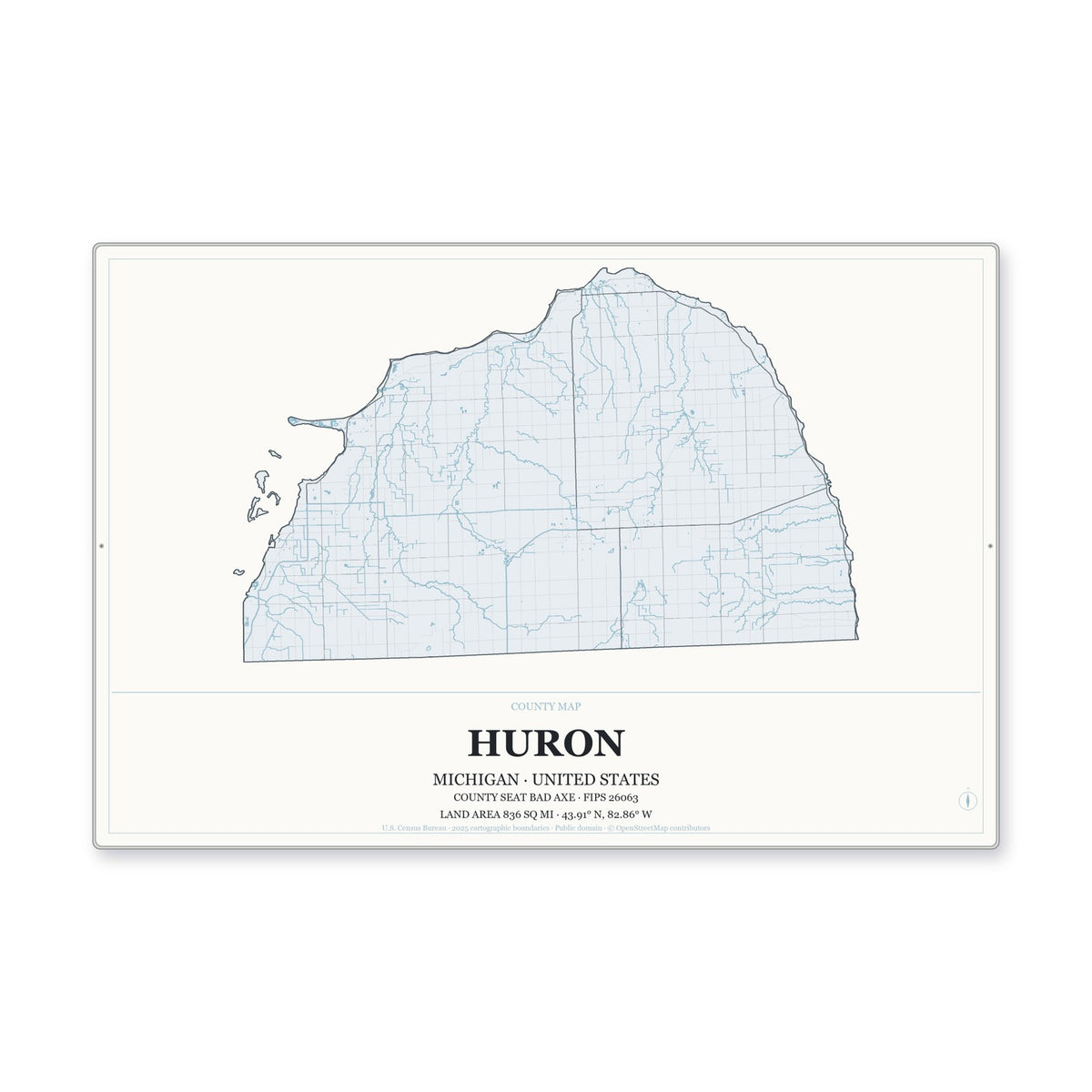 Huron County, Michigan Map Aluminum Sign in Gallery Air style