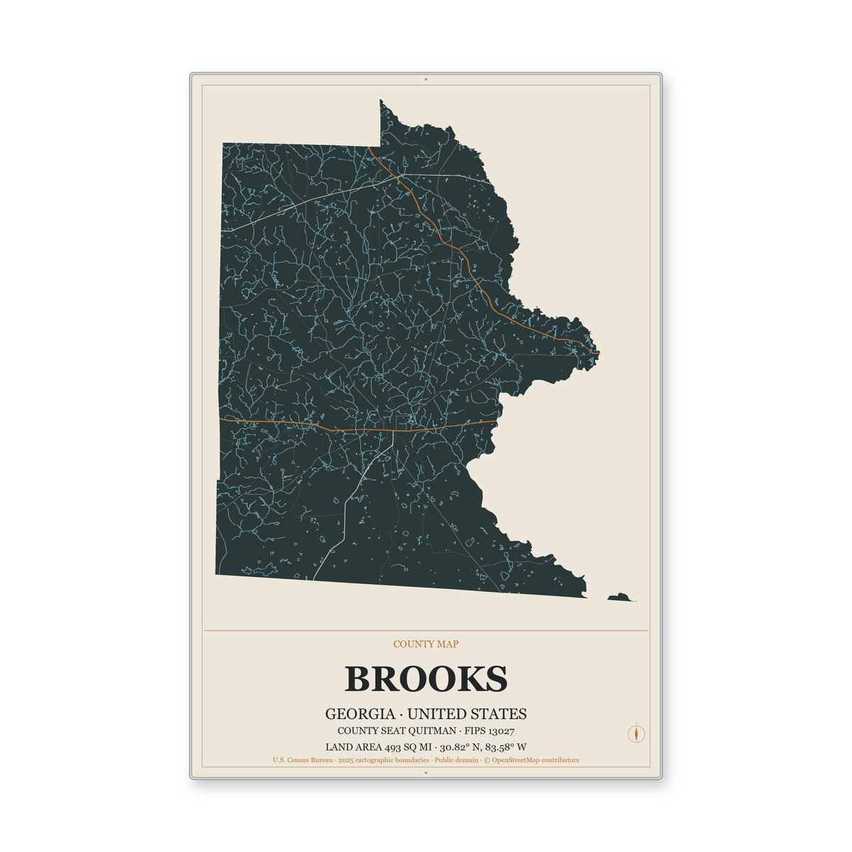 Brooks County, Georgia Map Aluminum Sign in Headline Atlas style