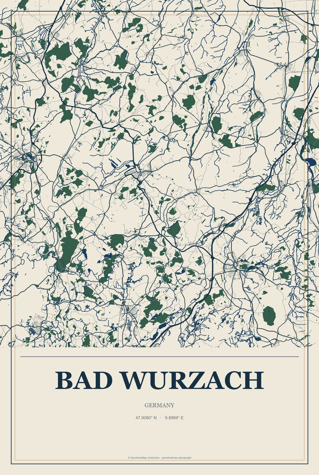 Bad Wurzach, Germany City Map Aluminum Sign in Coastal Cutout style