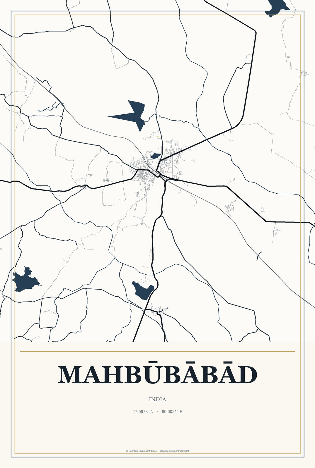 Mahbūbābād, India City Map Aluminum Sign in Citrine Modern style