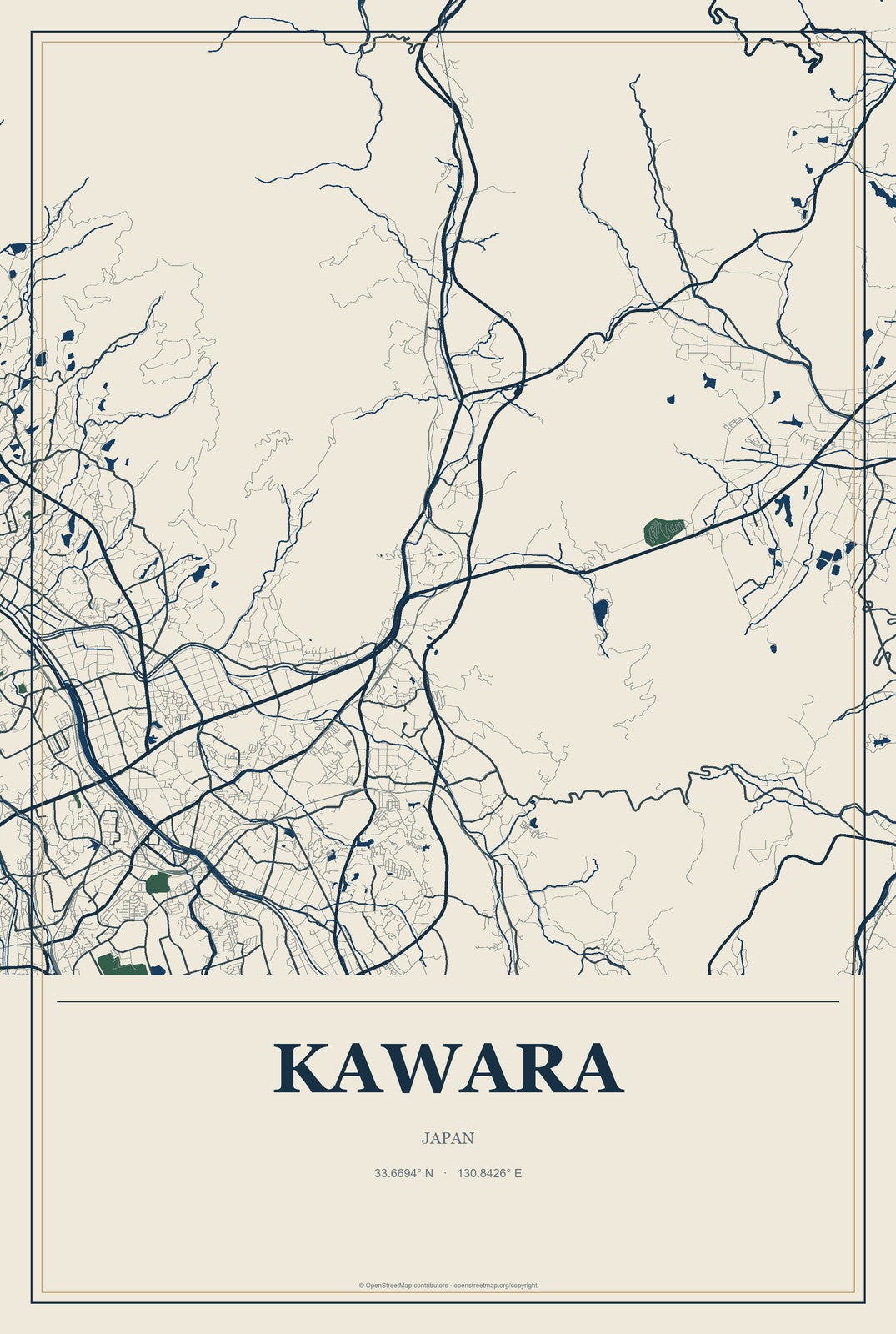 Kawara, Japan City Map Aluminum Sign in Coastal Cutout style