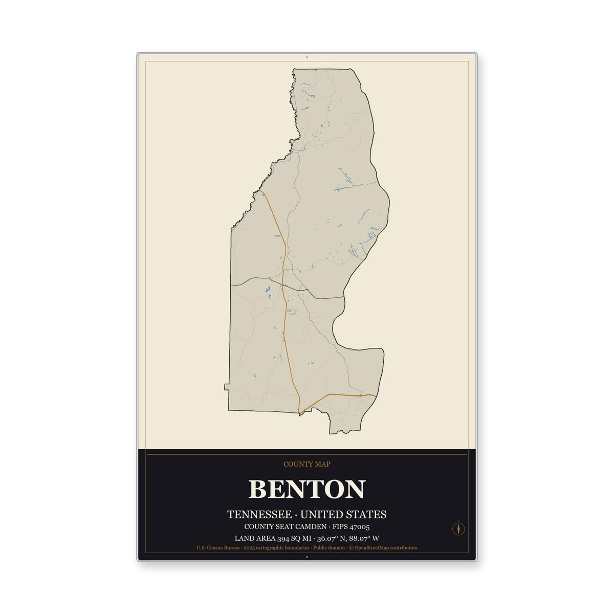 Benton County, Tennessee Map Aluminum Sign in Museum Plaque style