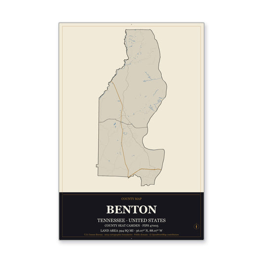 Benton County, Tennessee Map Aluminum Sign in Museum Plaque style