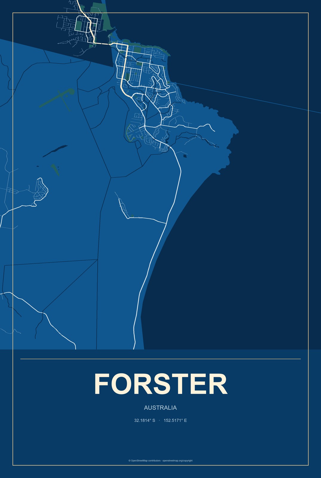 Forster, Australia City Map Aluminum Sign in Harbor Cobalt style