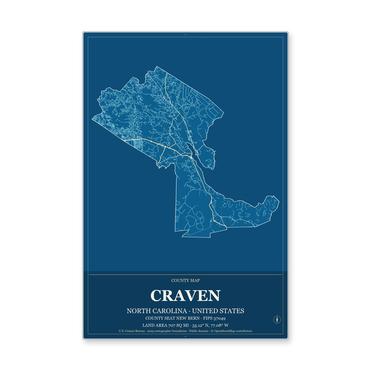Craven County, North Carolina Map Aluminum Sign in Harbor Cobalt style