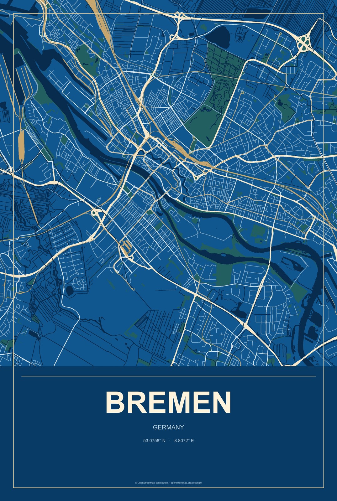 Bremen, Germany City Map Aluminum Sign in Harbor Cobalt style
