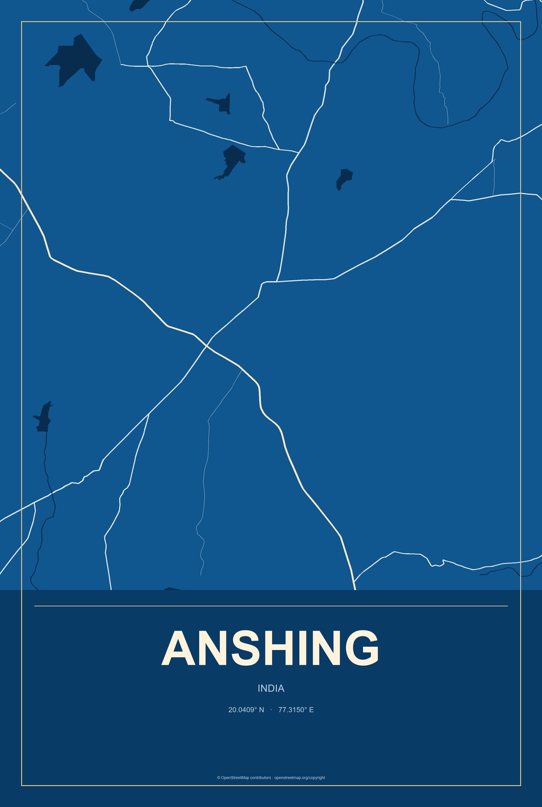 Anshing, India City Map Aluminum Sign in Harbor Cobalt style