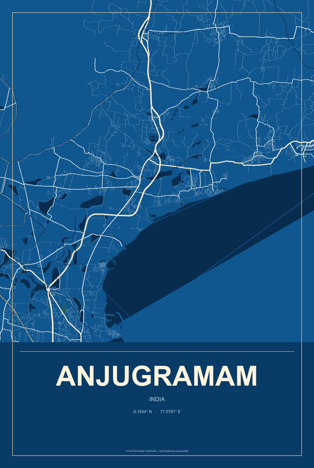 Anjugramam, India City Map Aluminum Sign in Harbor Cobalt style