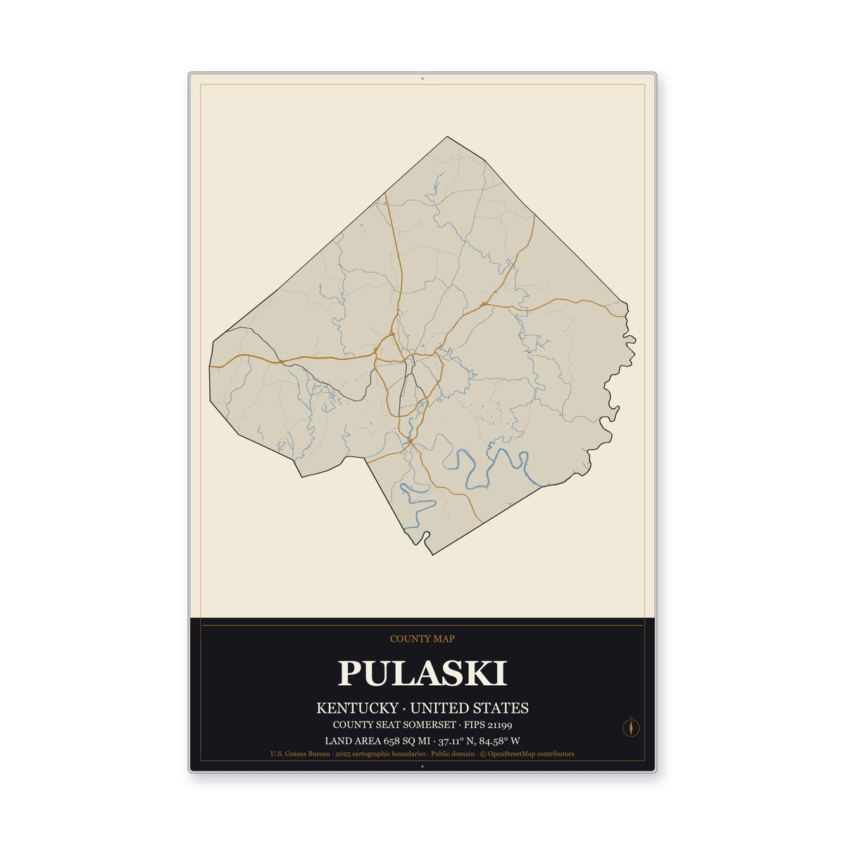 Pulaski County, Kentucky Map Aluminum Sign in Museum Plaque style