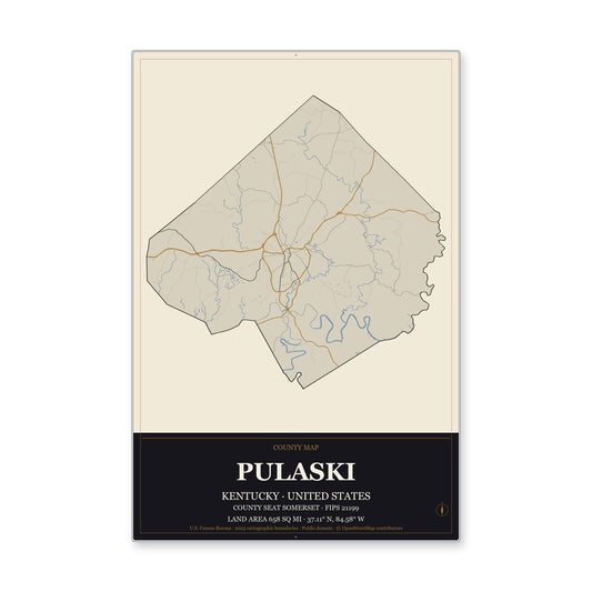 Pulaski County, Kentucky Map Aluminum Sign in Museum Plaque style