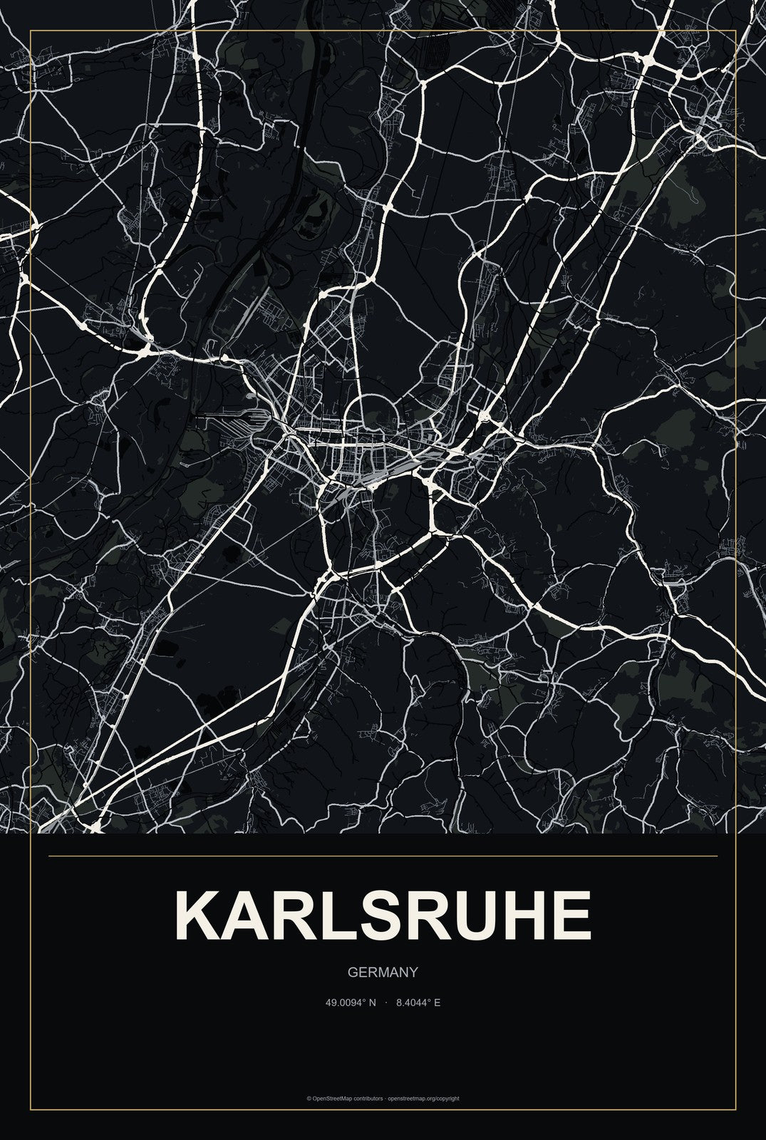 Karlsruhe, Germany City Map Aluminum Sign in Metropolitan Noir style