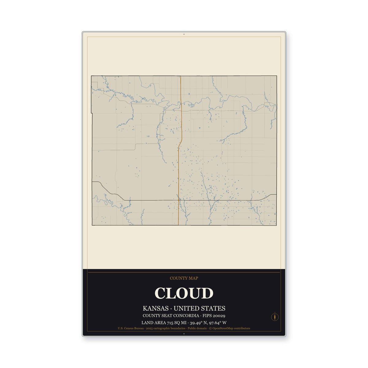 Cloud County, Kansas Map Aluminum Sign in Museum Plaque style