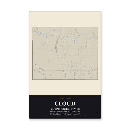Cloud County, Kansas Map Aluminum Sign in Museum Plaque style