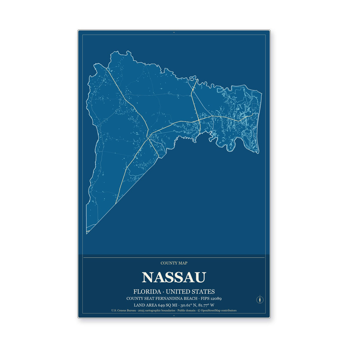 Nassau County, Florida Map Aluminum Sign in Harbor Cobalt style