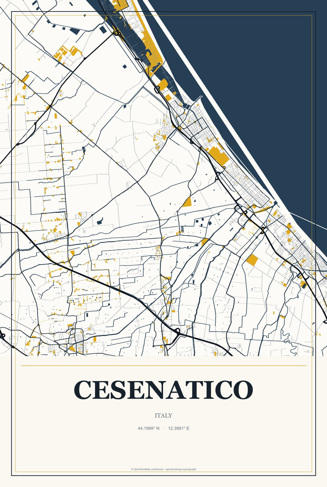 Cesenatico, Italy City Map Aluminum Sign in Citrine Modern style