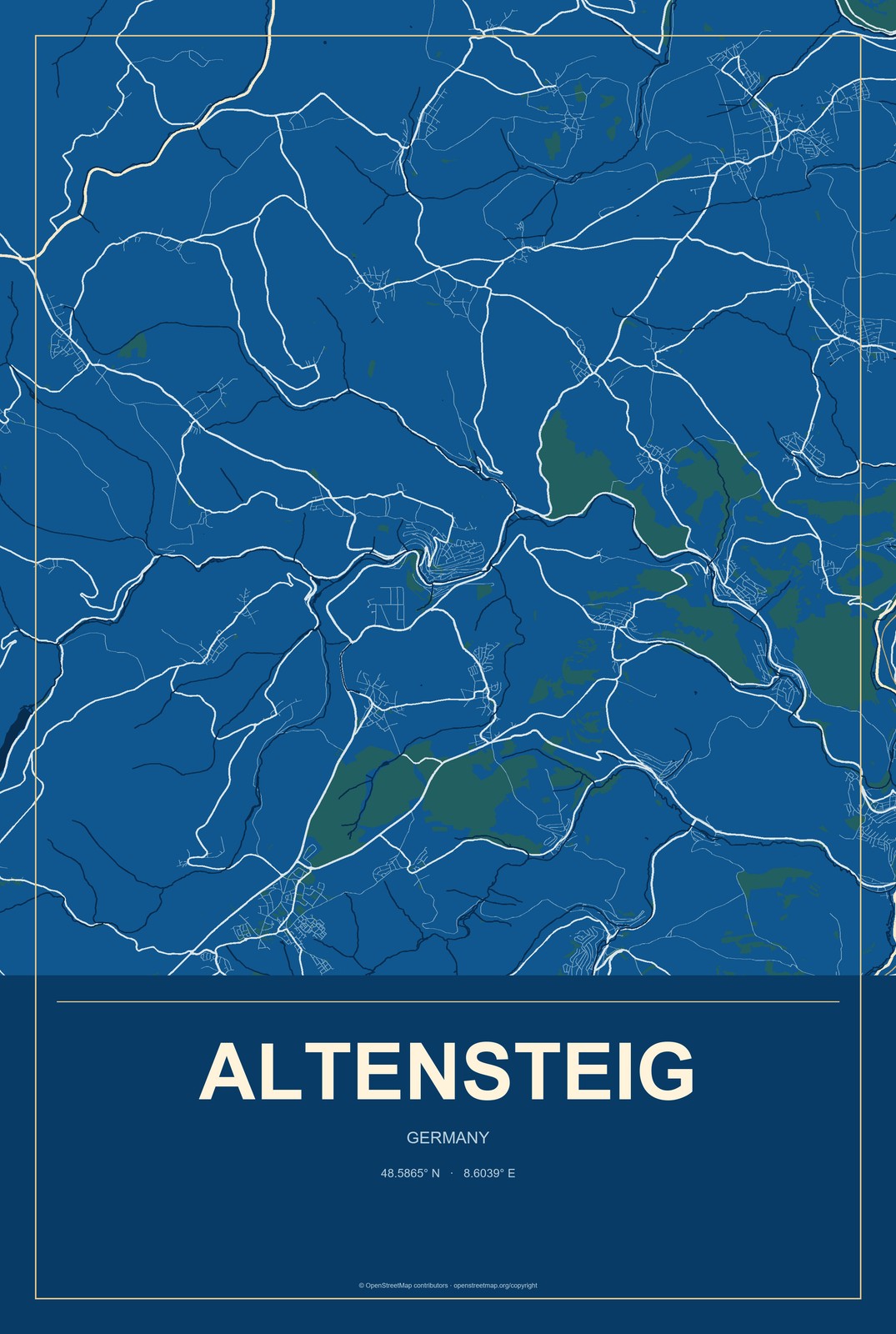 Altensteig, Germany City Map Aluminum Sign in Harbor Cobalt style