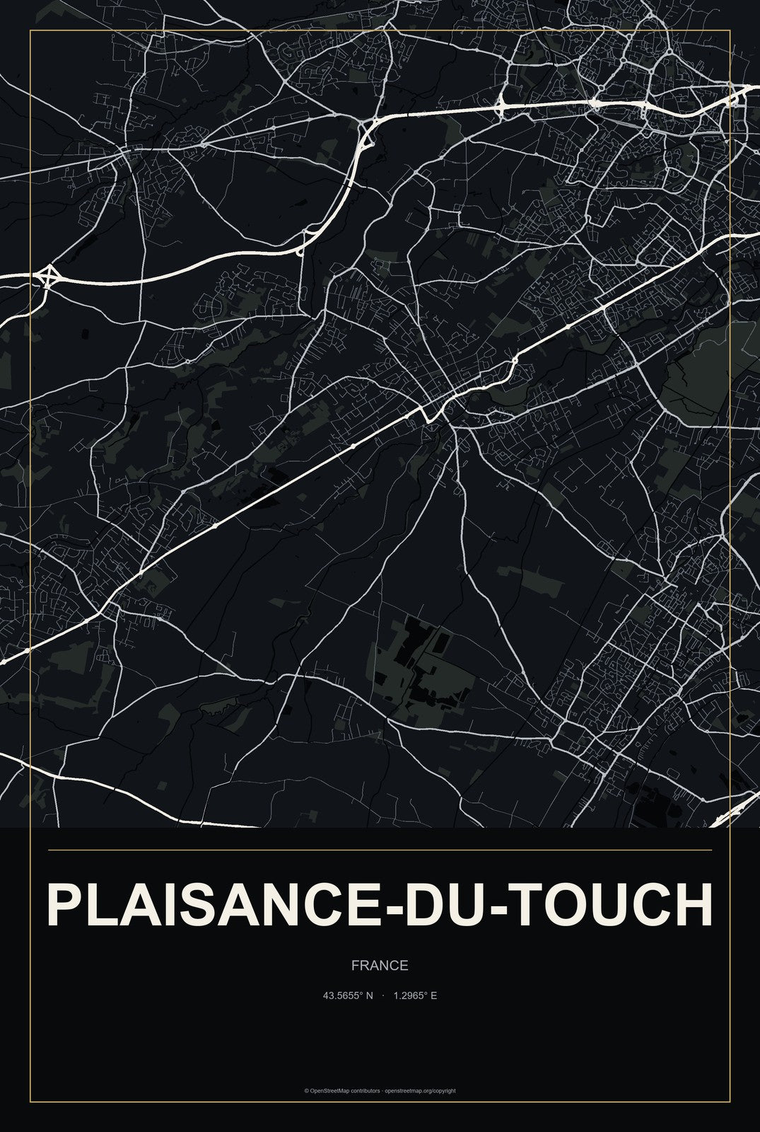 Plaisance-du-Touch, France City Map Aluminum Sign in Metropolitan Noir style