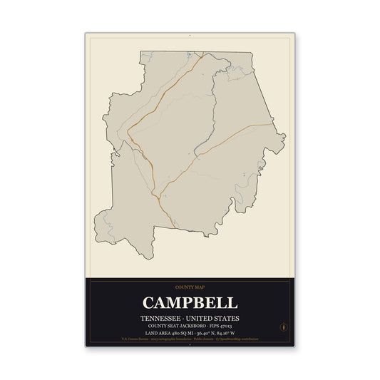 Campbell County, Tennessee Map Aluminum Sign in Museum Plaque style
