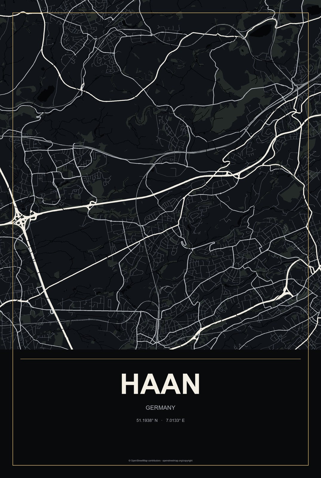 Haan, Germany City Map Aluminum Sign in Metropolitan Noir style