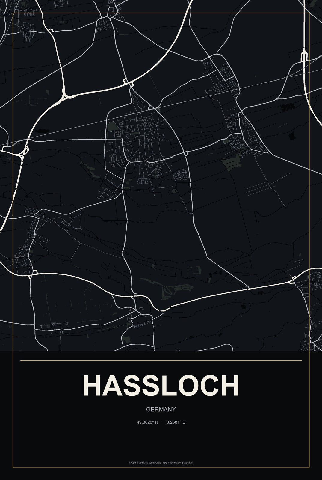 Haßloch, Germany City Map Aluminum Sign in Metropolitan Noir style