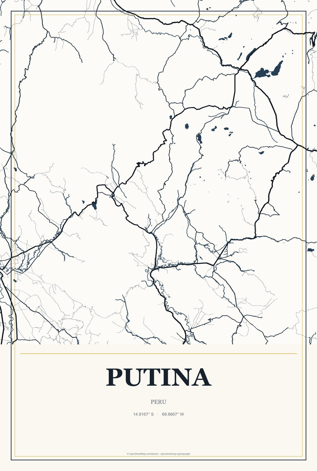 Putina, Peru City Map Aluminum Sign in Citrine Modern style