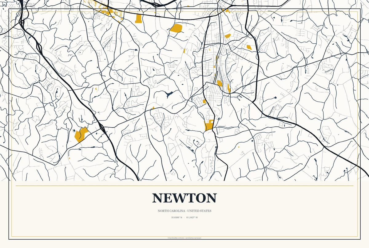 Newton, North Carolina City Map Aluminum Sign in Citrine Modern style