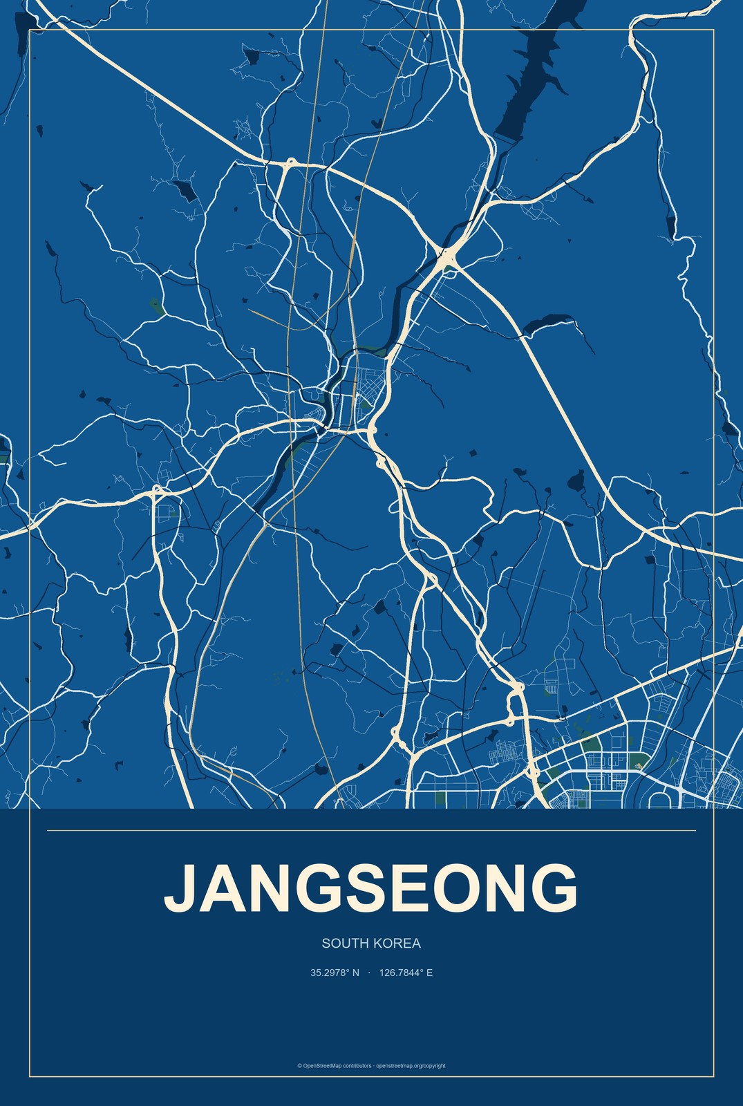 Jangseong, South Korea City Map Aluminum Sign in Harbor Cobalt style