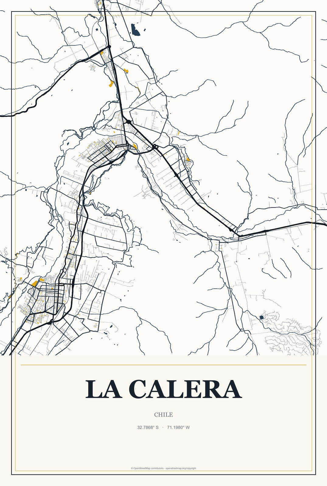 La Calera, Chile City Map Aluminum Sign in Citrine Modern style