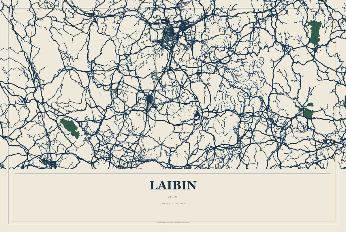 Laibin, China City Map Aluminum Sign in Coastal Cutout style