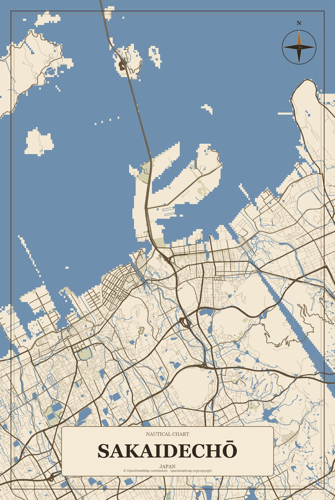 Sakaidechō, Japan City Map Aluminum Sign in Heritage Nautical style