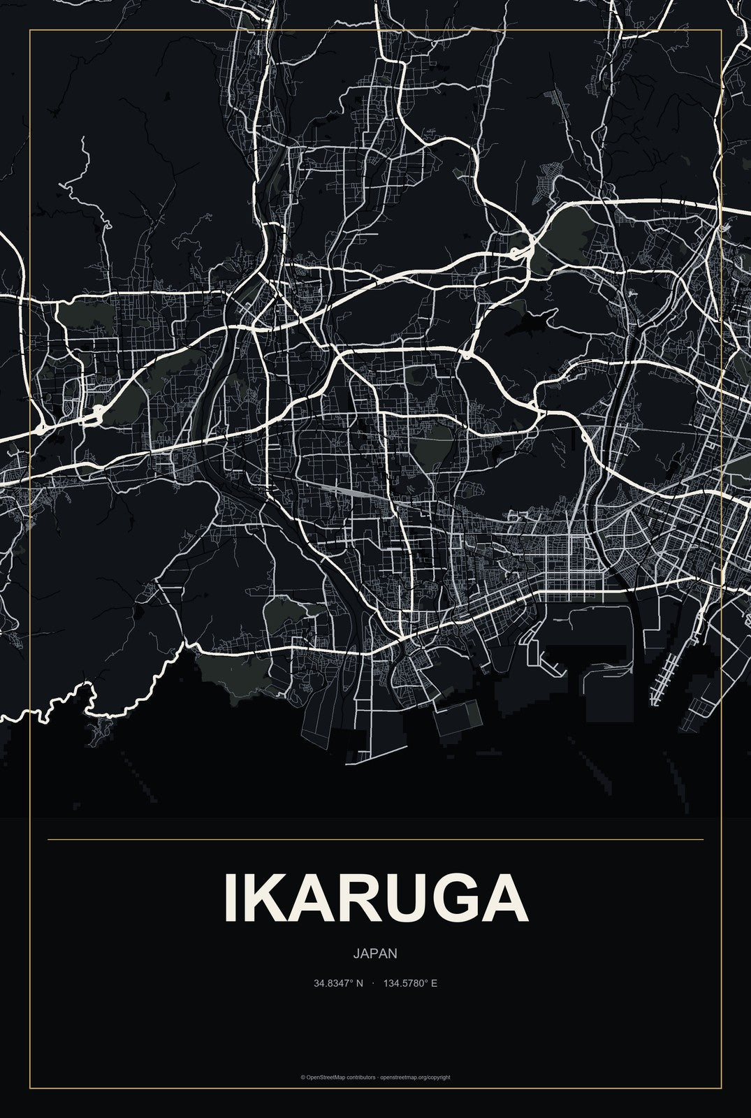 Ikaruga, Japan City Map Aluminum Sign in Metropolitan Noir style
