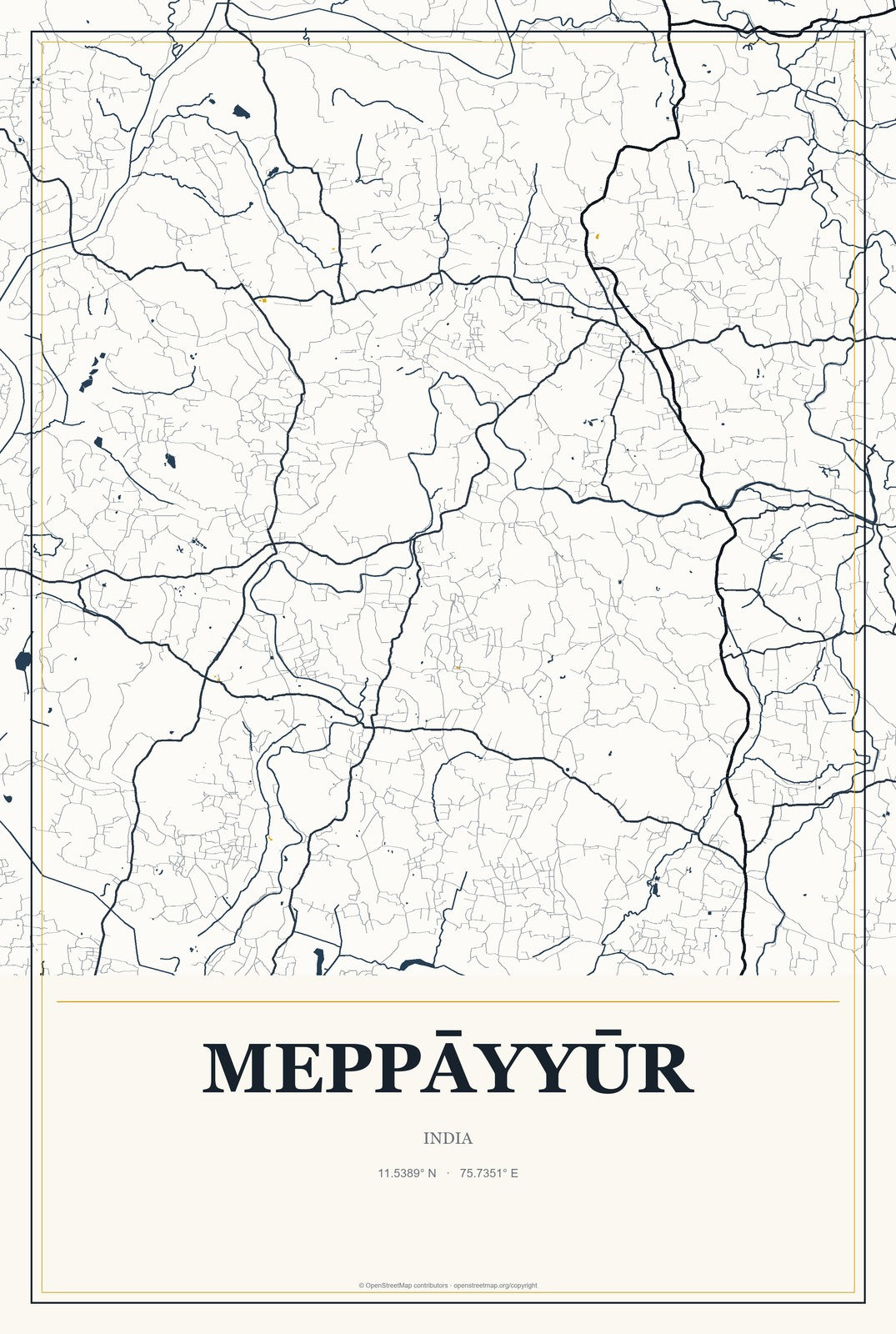 Meppāyyūr, India City Map Aluminum Sign in Citrine Modern style