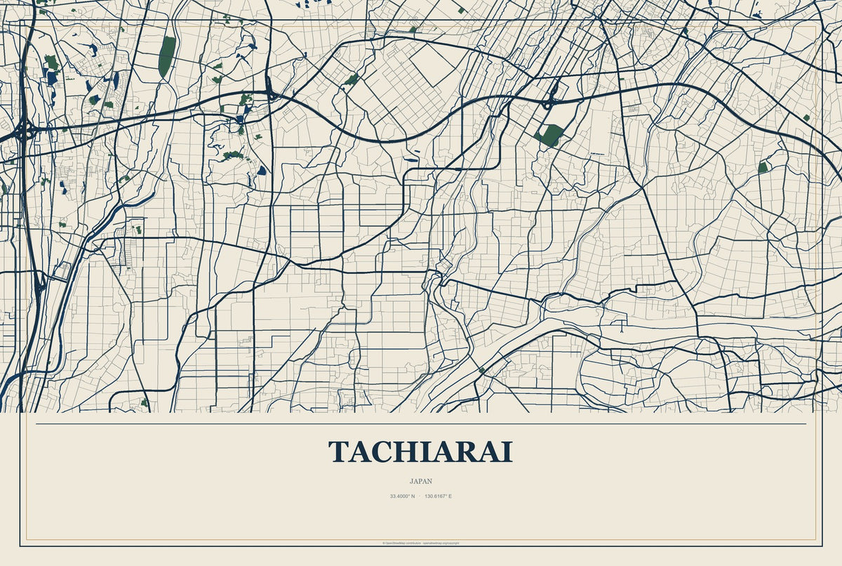 Tachiarai, Japan City Map Aluminum Sign in Coastal Cutout style