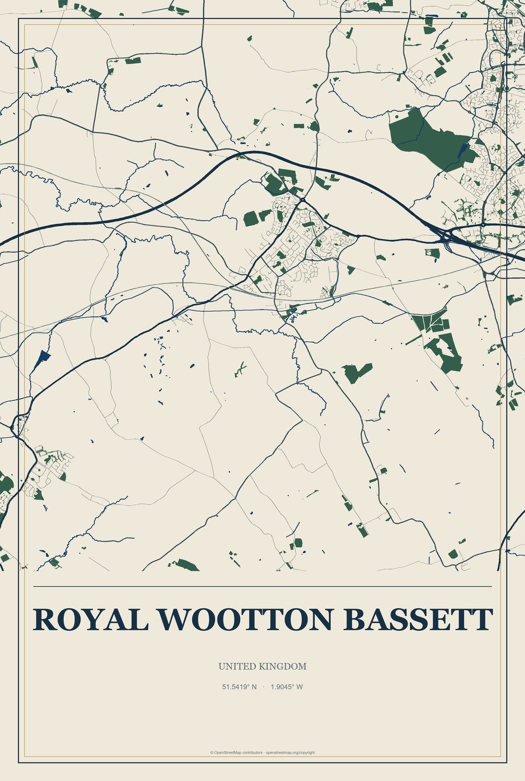 Royal Wootton Bassett, United Kingdom City Map Aluminum Sign in Coastal Cutout style