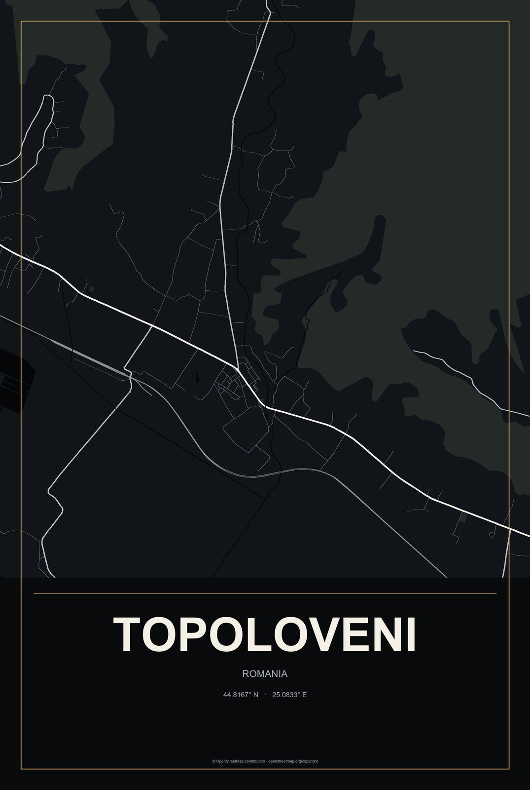Topoloveni, Romania City Map Aluminum Sign in Metropolitan Noir style