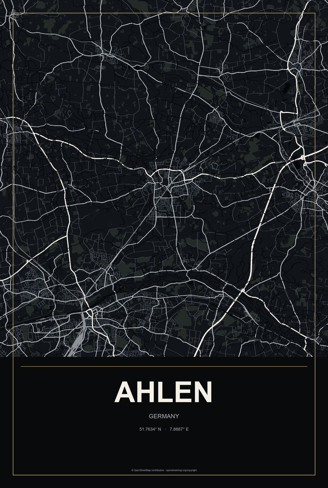 Ahlen, Germany City Map Aluminum Sign in Metropolitan Noir style
