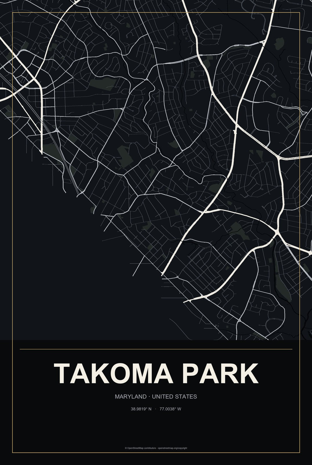 Takoma Park, Maryland City Map Aluminum Sign in Metropolitan Noir style