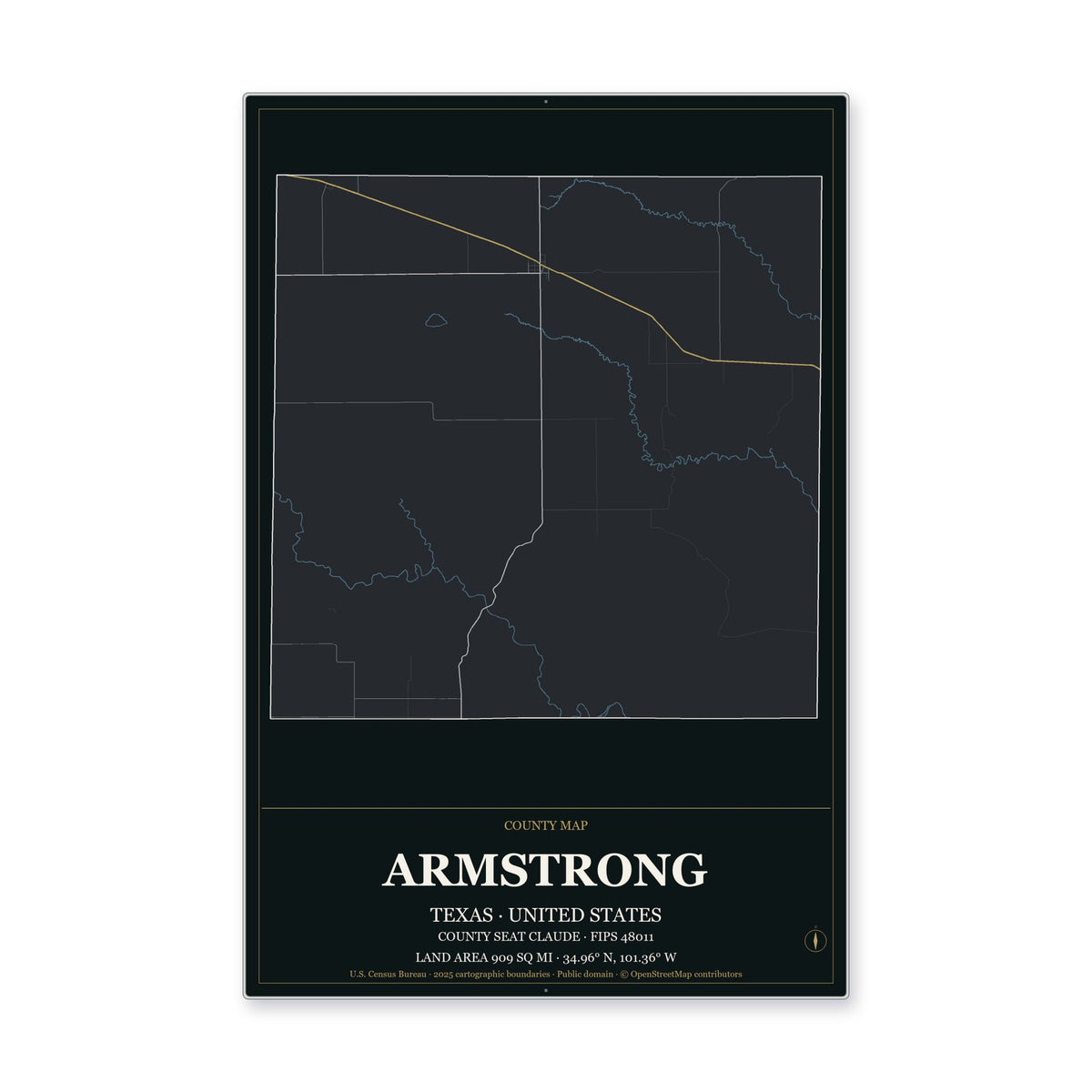 Armstrong County, Texas Map Aluminum Sign in Metropolitan Noir style