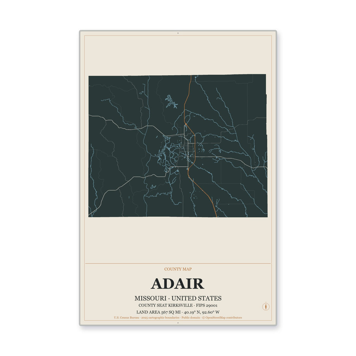 Adair County, Missouri Map Aluminum Sign in Headline Atlas style
